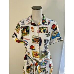 Jane + Delancey Button Up Shirt Dress Novelty Print Fruit Cottage Country XS